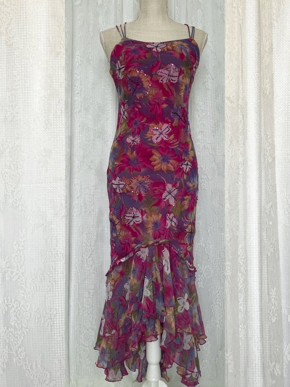 Raiment Fashions Women's Y2K Fairycore Dress S Pink Floral Sequin Maxi Coquette